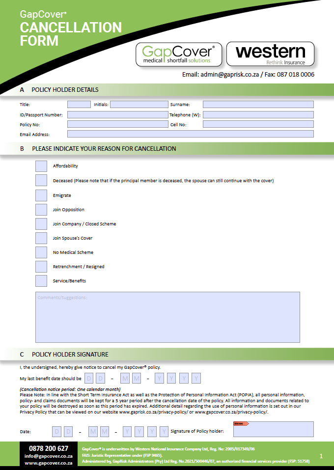 GapCover Cancellation Form