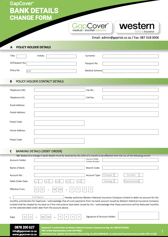 GapCover Change Bank Details Form