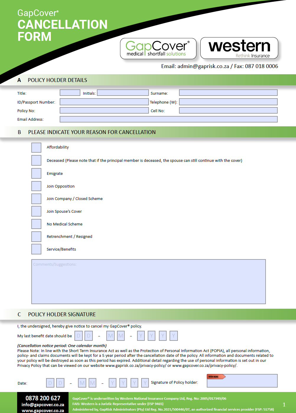 GapCover & Combined Cancellation Form