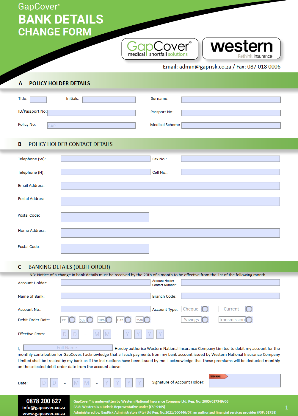 GapCover & Combined Change Bank Details Form