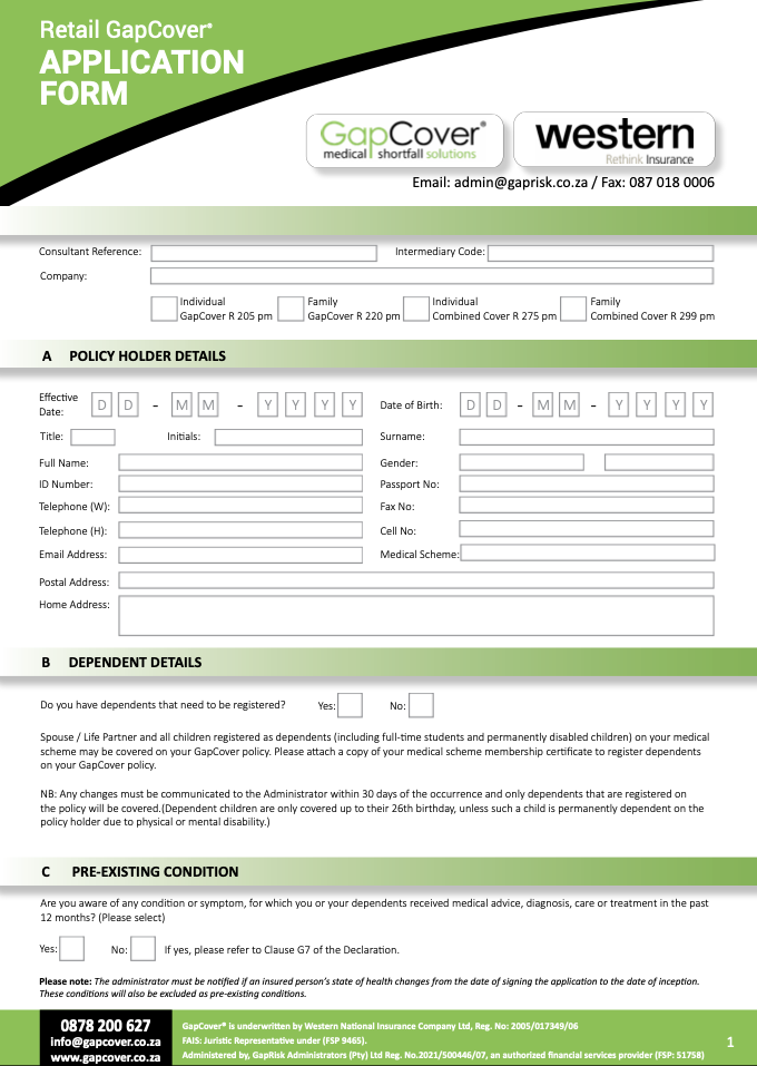 GapCover & Combined Retail Application Form
