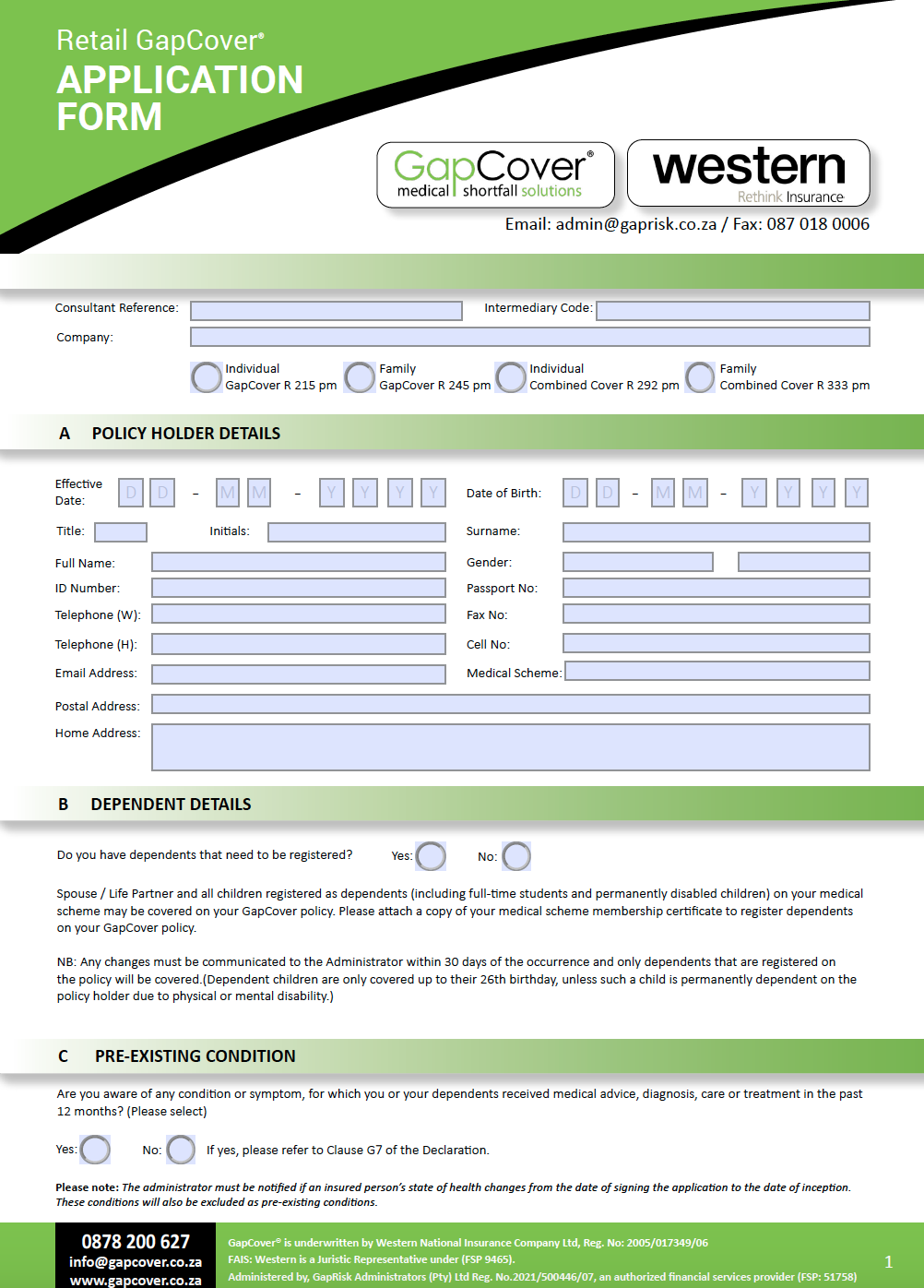 GapCover & Combined Retail Application Form