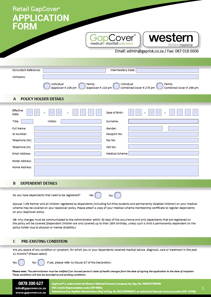GapCover & Combined Retail Application Form
