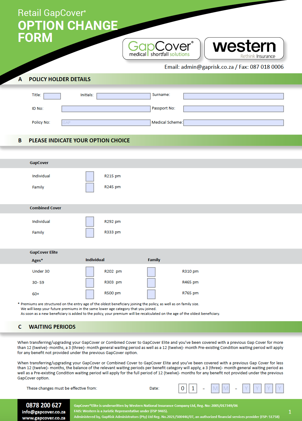 GapCover & Combined Retail Option Change Form