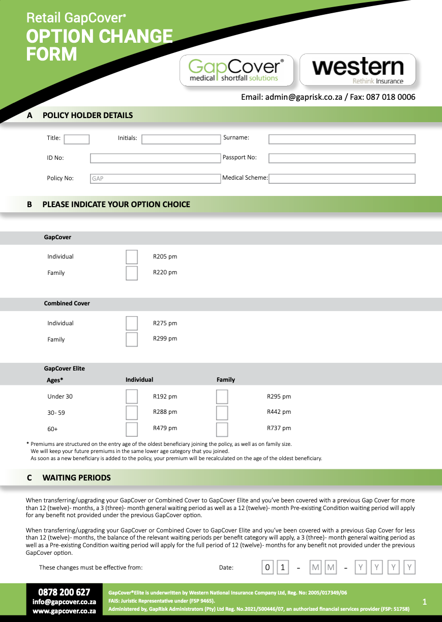 GapCover Elite Retail Option Change Form