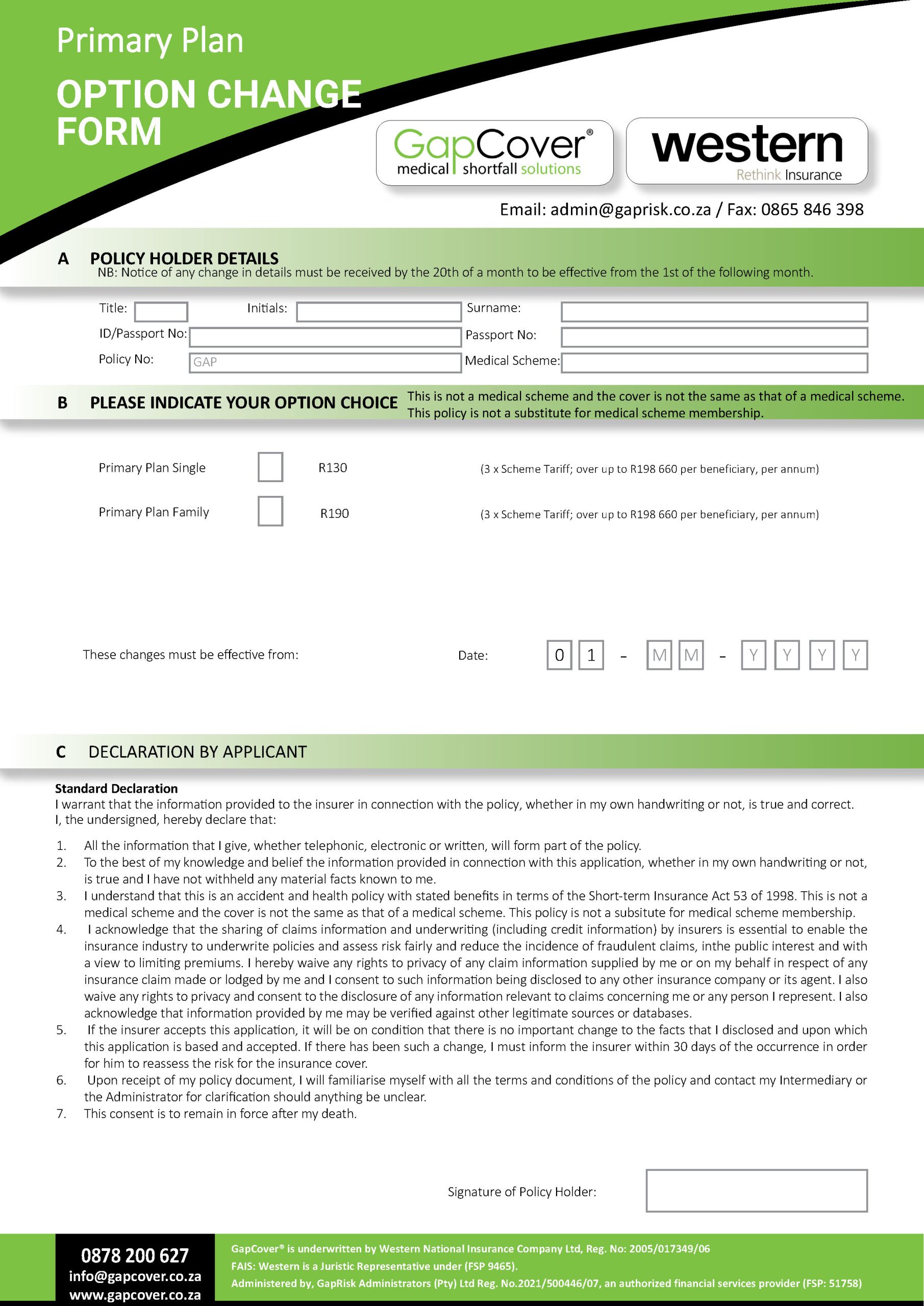 GapCover Elite Retail Option Change Form Updated