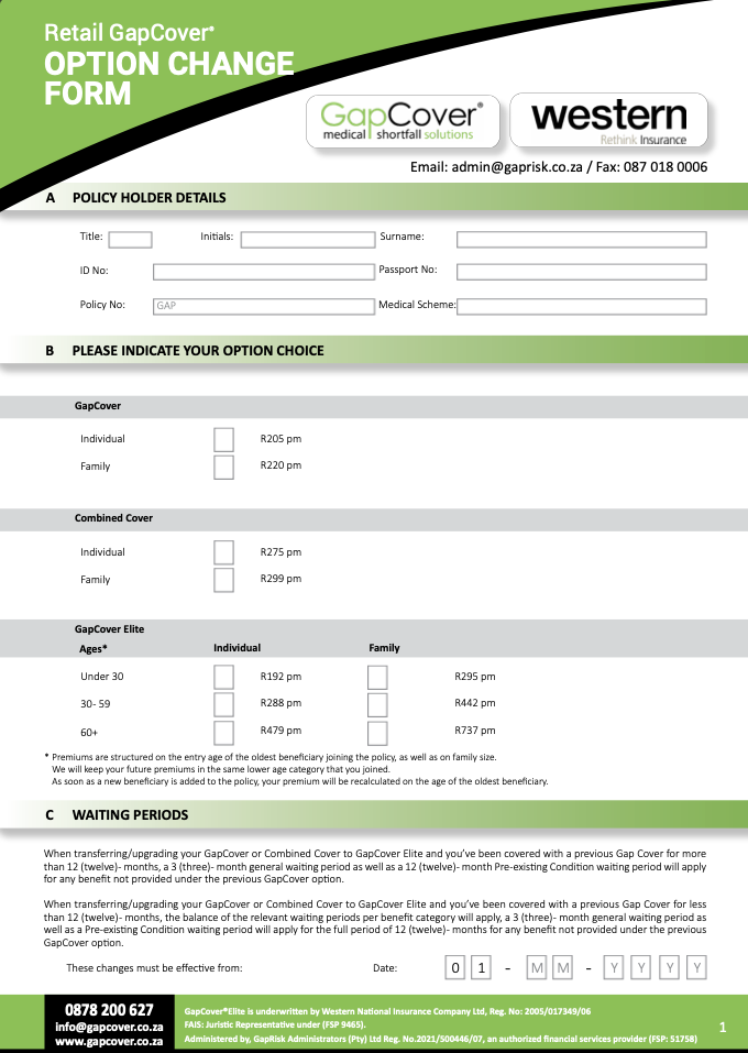 GapCover Retail Option Change Form